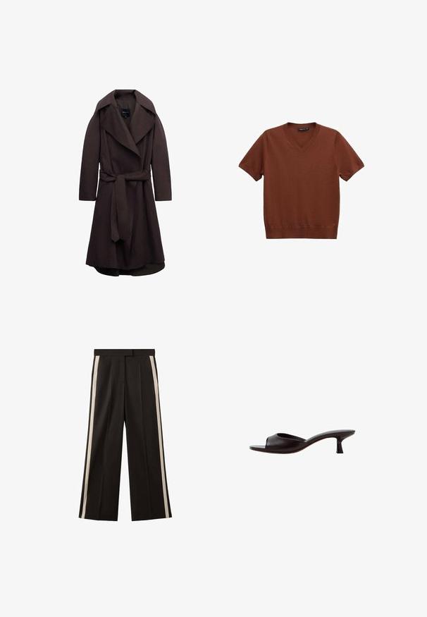 Trench-coat long marron foncé avec de larges revers et une ceinture assortie en tissu nouée à la taille, présenté sur un fond blanc.; Pull marron à manches courtes avec col en V, ourlet et col côtelés, posé à plat sur un fond blanc.; Pantalon noir à jambes larges avec deux bandes verticales crème sur les côtés. Confectionné dans un tissu lisse avec une ceinture ajustée.; Sandale mule noire à bout ouvert avec un talon bas courbé et une tige en cuir lisse sur fond blanc.