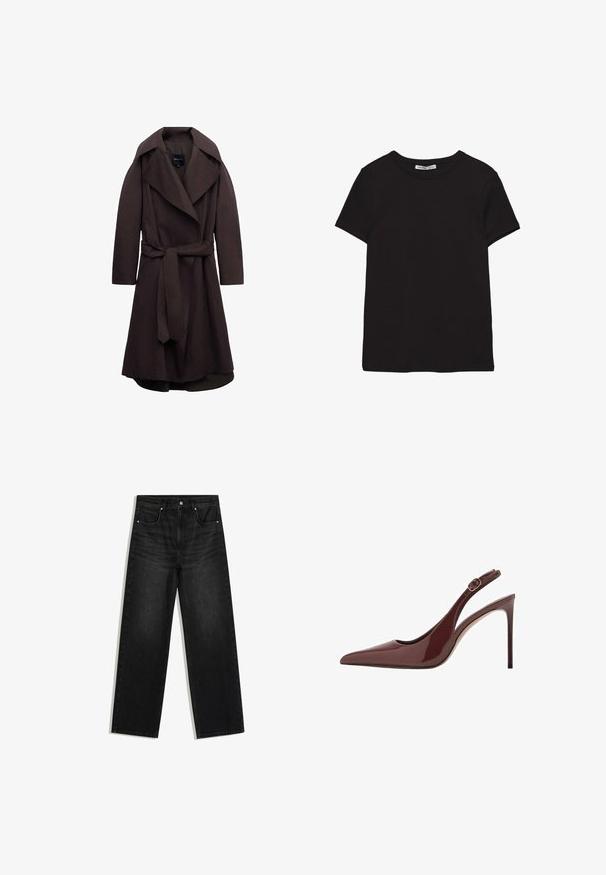 Donkere bruine lange trenchcoat met brede revers en een bijpassende stoffen riem gestrikt in de taille, weergegeven op een witte achtergrond.; Zwart katoenen T-shirt met korte mouwen, ronde hals, standaard pasvorm en zichtbaar binnenlabel in de nek.; Zwarte rechte denim jeans met voorzakken, riemlussen en knoopsluiting, getoond tegen een witte achtergrond.; Donkerbruine lakleren slingback met spitse neus, hoge hak en verstelbare gespriem. De slanke stilettohak voegt een elegante touch toe.