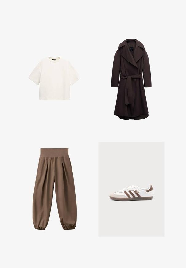 Trench-coat long marron foncé avec de larges revers et une ceinture assortie en tissu nouée à la taille, présenté sur un fond blanc.; T-shirt blanc uni à manches courtes et col rond avec une coupe ample, présenté sur un fond blanc.; Pantalon ample marron taille haute avec poignets élastiques froncés et plis avant, présenté sur un fond blanc.; Baskets blanches Adidas Samba avec des bandes en daim marron, un bout en daim marron et une semelle en gomme sur fond gris clair.