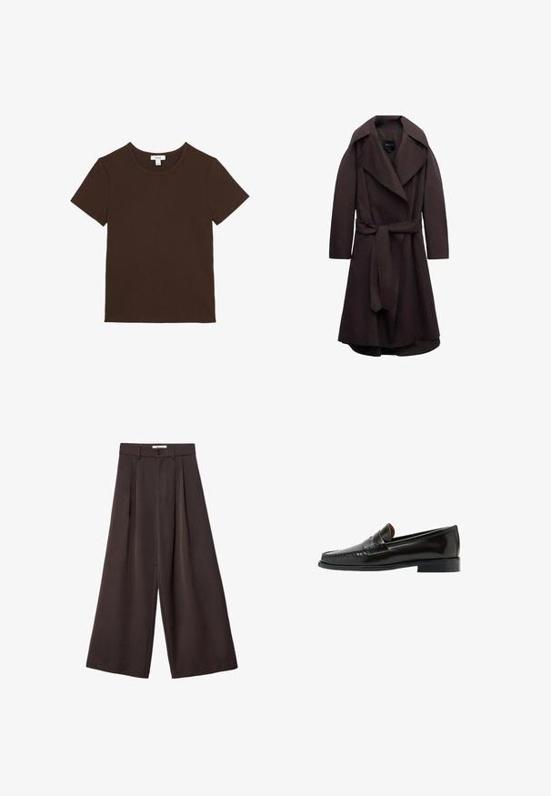 Donkere bruine lange trenchcoat met brede revers en een bijpassende stoffen riem gestrikt in de taille, weergegeven op een witte achtergrond.; Effen donkerbruine korte mouw T-shirt met ronde hals, plat neergelegd, met een klein wit merklabel aan de binnenkant van de halslijn.; Wijde broek met donkere bruine stof, voorzien van plooien, een knoopsluiting en een gladde textuur; enkelhoog met een getailleerd ontwerp.; Zwarte leren penny loafer met lage hak en gestikte details, zijaanzicht op een witte achtergrond.