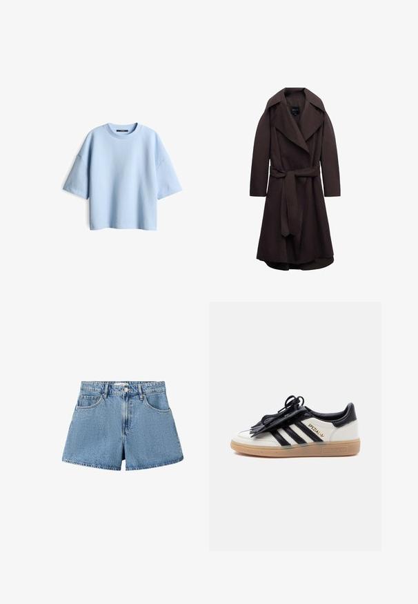Donkere bruine lange trenchcoat met brede revers en een bijpassende stoffen riem gestrikt in de taille, weergegeven op een witte achtergrond.; Lichtblauwe oversized t-shirt van textuurstof met een ronde halslijn en korte mouwen. Heeft een relaxte pasvorm en een minimalistisch ontwerp.; Blauwe denim shorts met knoop aan de voorkant, riemlussen, twee voorzakken en een klein muntzakje, afgebeeld op een witte achtergrond.; Witte en zwarte Adidas Spezial sneaker met een gumzool, zwarte strepen en een zwarte veterhoes op een effen lichte achtergrond.