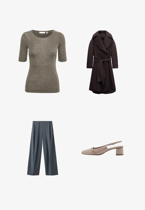 Abrigo largo tipo trench de color marrón oscuro con solapas anchas y un cinturón del mismo tejido atado en la cintura, mostrado sobre un fondo blanco.; Camiseta de manga corta marrón hecha de material suave y texturizado con un cuello redondo. Presenta un discreto logo de la marca cerca del dobladillo.; Pantalones anchos gris oscuro con pliegues delanteros y bolsillos laterales, mostrados sobre un fondo blanco.; Zapato slingback de charol beige con tacón bajo de bloque y una pequeña hebilla decorativa en la parte delantera.