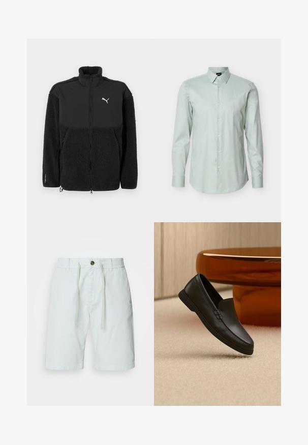 Musta fleece-takki, jossa sileä yläosa, korkea kaulus, vetoketjukiinnitys ja Puma-logo. Takissa on teksturoitu materiaali ja sivutaskut.; Vaaleanvihreä, pitkähihainen miesten paita, jossa on terävä kaulus ja valkoiset napit, esillä yksinkertaisen valkoisen taustan edessä.; Vaaleanvihreät puuvillashortsit, joissa on joustava vyötärö ja naru. Varusteena napin suljenta, sivutaskut ja suora leikkaus.; Musta nahkainen liukusäätöinen loafer kengän vieressä beigenvärisellä matolla, lähellä kaarevaa, meripihkan väristä lasipöytää neutraalivärisessä huoneessa.