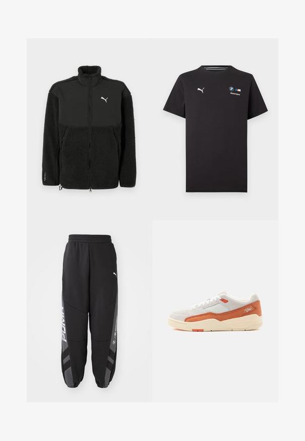 Sort fleecejakke med en glat øverste sektion, høj krave, lynlås og Puma-logo. Features tekstureret materiale og sidelommer.; Sort kortærmet T-shirt med Puma-logo på venstre bryst og BMW Motorsport-logo på højre bryst.; Sorte joggebukser lavet af blødt materiale. Har elastisk talje, tapered ben, grå detaljer og hvide logoer på siderne.; Lavtopsneaker med hvid mesh og ruskindsoverdel, lyse orange læderdetaljer, cremet sål og teksten "Flight" på hælkappen.