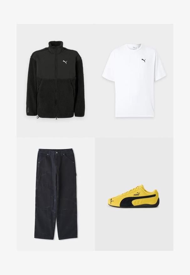 Sort fleecejakke med en glat øverste sektion, høj krave, lynlås og Puma-logo. Features tekstureret materiale og sidelommer.; Hvid t-shirt med korte ærmer og rund hals med en lille sort Puma-logo på venstre bryst mod en lys baggrund.; Sorte vide bukser lavet af denim med en tekstureret overflade, med forlommer og en klassisk knaplukning.; Gul ruskinds sneakers med sorte ruskindsdetaljer. Har en struktureret sål, snørelukning og Puma-logo på siden og tungen.