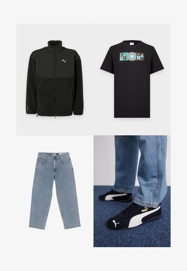 Sort fleecejakke med en glat øverste sektion, høj krave, lynlås og Puma-logo. Features tekstureret materiale og sidelommer.; Sort kortærmet skjorte med et horisontalt logodesign, der indeholder bogstaverne "PUMA" og en sol med Puma-ikonet i midten.; Lysblå denim brede bukser med knaplukning, fem lommer og lige ben. Blød tekstur, minimal falming og ren syning.; Sorte ruskinds sneakers med hvide detaljer og et guldlogo. Båret med lyseblå denimjeans og sat på en struktureret blå overflade.