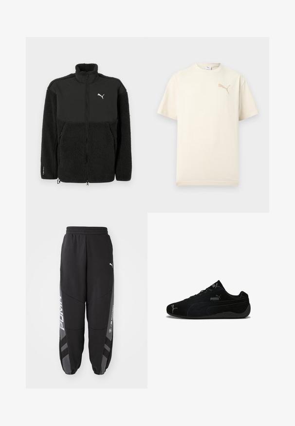 Čierna fleece bunda s hladkou hornou časťou, vysokým golierom, zapínaním na zips a logom Puma. Obsahuje textúrovaný materiál a bočné vrecká.; Krátky rukáv, krémové tričko s béžovým logom Puma na ľavej hornej časti hrudníka a okrúhlym výstrihom, zobrazené na svetlom jednofarebnom pozadí.; Čierne jogger nohavice vyrobené z mäkkého materiálu. Majú elastický pás, zúžené nohy, sivé akcenty a biele logá po stranách.; Čierne semišové športové topánky s nízkym profilom. Majú textúrovaný dizajn, čiernu gumovú podrážku a strieborné akcenty loga Puma.