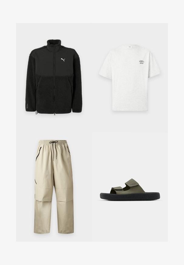 Sort fleecejakke med en glat øverste sektion, høj krave, lynlås og Puma-logo. Features tekstureret materiale og sidelommer.; Lysegrå T-shirt med korte ærmer og rund halsudskæring med lille sort logo og teksten "MXVI" øverst til venstre på brystet.; Beige letvægtsbukser med elastisk taljebånd, sort snøre og lynlåslommer i siderne, vist forfra på ensfarvet baggrund.; Grønne gummisandaler med to justerbare remme og en tekstureret sort sål med et dækmønster. Brandlogo synligt på remmen.