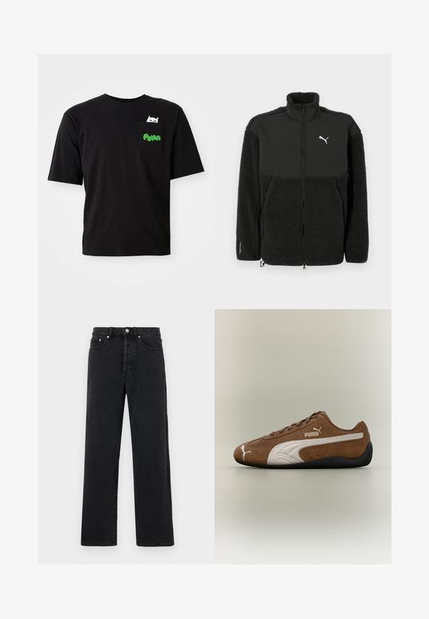 Sort fleecejakke med en glat øverste sektion, høj krave, lynlås og Puma-logo. Features tekstureret materiale og sidelommer.; Sort bomulds T-shirt med korte ærmer, med en lomme med et katte-grafik og grøn "PUMA" tekst. Casual pasform og glat tekstur.; Sorte denim straight-leg jeans med høj talje, fem lommer og metalknaplukning. Stof har en glat tekstur og let glans.; Brun ruskindsneaker med hvide accenter og tekstureret design. Har en sort gummisål og et fremtrædende Puma-logo på siden.