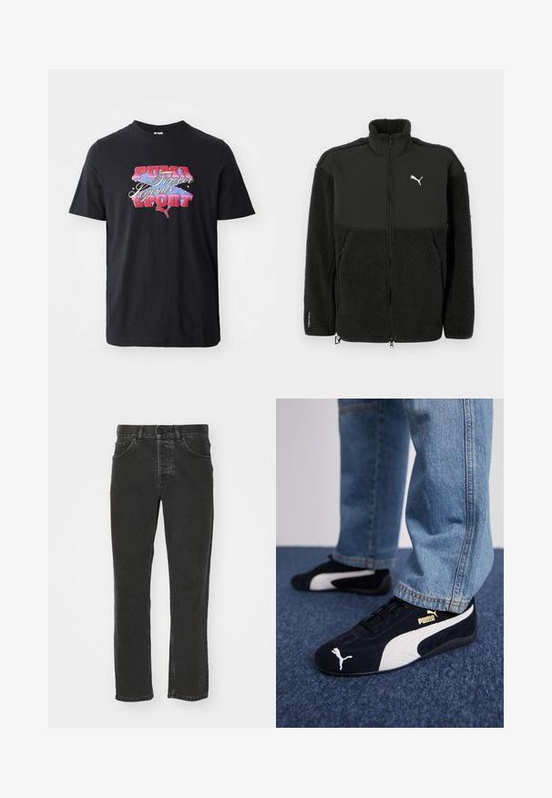 Čierna fleece bunda s hladkou hornou časťou, vysokým golierom, zapínaním na zips a logom Puma. Obsahuje textúrovaný materiál a bočné vrecká.; Čierne tričko s krátkym rukávom vyrobené z bavlny, s farebnou grafickou potlačou a textom "PUMA Forever Legends SPORT."; Čierne riflové nohavice so strihom rovného nohavice, klasickým dizajnom s piatimi vreckami, gombíkovým pásom a vybledlým povrchom. Hladká textúra, žiadne viditeľné vzory.; Čierne semišové tenisky s bielymi akcentmi, so zlatým logom. Nosené s svetlomodrými denimovými džínsy a položené na textúrovanej modrej ploche.