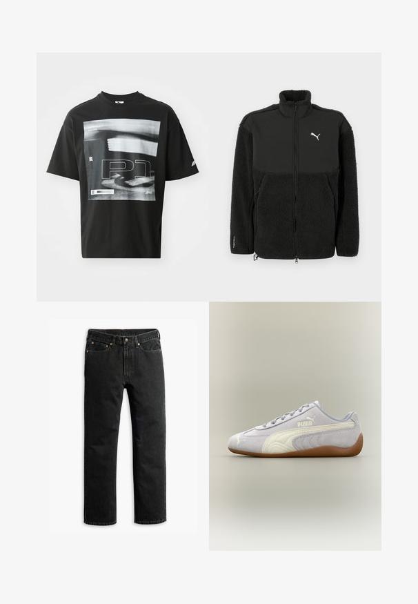Sort fleecejakke med en glat øverste sektion, høj krave, lynlås og Puma-logo. Features tekstureret materiale og sidelommer.; Sort bomulds T-shirt med grafisk tryk, der inkluderer tekstelementerne "FORMULA 1 RACING" og "P1." Rund hals og korte ærmer.; Sorte lige ben denim jeans med fem lommer, bæltestropper og en knaplukning i taljen, lagt fladt på en hvid baggrund.; Lys grå Puma ruskindssneaker med hvid stribedetalje og gummisål, set fra ydersiden mod en neutral baggrund.