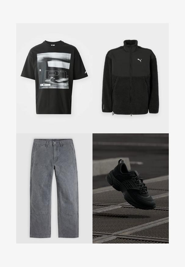 Čierna fleece bunda s hladkou hornou časťou, vysokým golierom, zapínaním na zips a logom Puma. Obsahuje textúrovaný materiál a bočné vrecká.; Čierne bavlnené tričko s grafickým potlačou, ktoré obsahuje textové prvky, vrátane „FORMULA 1 RACING“ a „P1“. Má okrúhly výstrih a krátke rukávy.; Sivé nohavice rovného strihu s vystuženými náplasťami na kolenách, prednými vreckami a pútkami na opasok, zobrazené na rovnom pozadí.; Čierne športové topánky s textúrovanou sieťovinou a gumovou podrážkou, s hrubým siluetom a šnurovacím systémom pre zabezpečené nosenie.