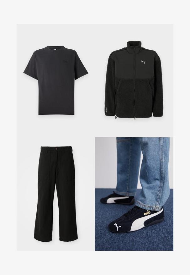 Čierna fleece bunda s hladkou hornou časťou, vysokým golierom, zapínaním na zips a logom Puma. Obsahuje textúrovaný materiál a bočné vrecká.; Čierne bavlnené tričko s krátkymi rukávmi a okrúhlym výstrihom. Obsahuje malé vyrazené logo na hornej ľavej časti hrude. Jednoduchý dizajn.; Čierne nohavice s širokými nohavicami vyrobené z mäkkej látky, s prednými vreckami a zapínaním na gombík v páse. Minimalistický dizajn bez viditeľných vzorov.; Čierne semišové tenisky s bielymi akcentmi, so zlatým logom. Nosené s svetlomodrými denimovými džínsy a položené na textúrovanej modrej ploche.