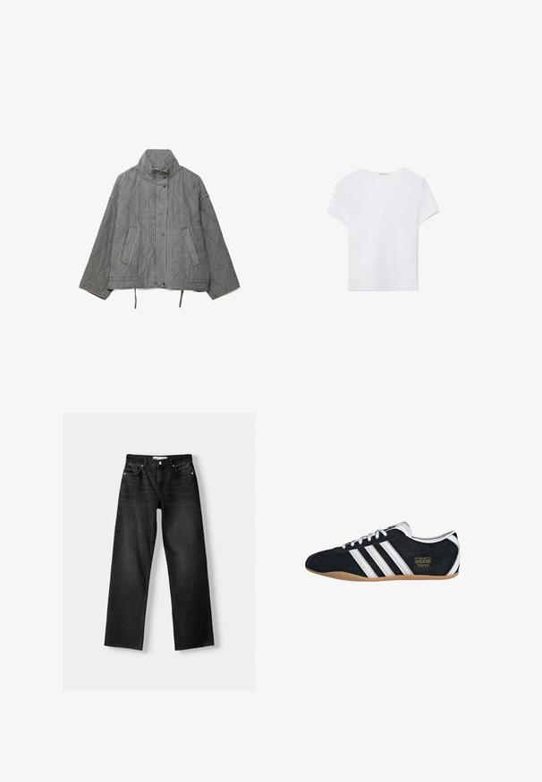 Grå quiltet jakke med høj krave, trykknapper foran, diagonale lommer og snoretræk ved kanten.; Hvid kortærmet t-shirt lavet af blødt stof. Har en rund halsudskæring og et simpelt, rent design med en lige underkant.; Bershka Jeans Straight Leg - mottled dark grey; Sort ruskinds sneaker med hvide tre striber, guldlogo og en brun gummisål. Har et lavprofil snørebåndsdesign.