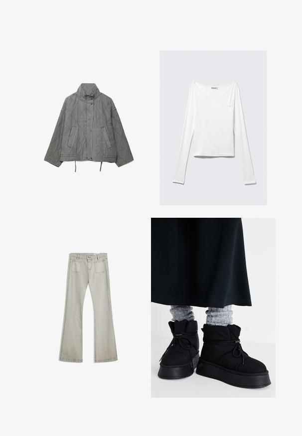 Graue gesteppte Jacke mit hohem Kragen, vorderen Druckknöpfen, diagonalen Taschen und Kordelzügen am Saum.; Weißes Langarmoberteil mit einem Überlappungsdesign und einer Tasche. Hergestellt aus einem glatten, elastischen Material. In einem lässigen, entspannten Schnitt.; Helle graue Denim-Jeans mit ausgestelltem Bein, die über einen Knopfverschluss, fünf Taschen und subtile Steppnähte entlang der Nähte verfügen.; Schwarze, gepolsterte Knöchelstiefel mit flachen Sohlen, Schnürsenkeln und auffälligen Nähten. Kombiniert mit grauen, gerippten Socken, die hervorlugen, und getragen zu einem dunklen Rock.