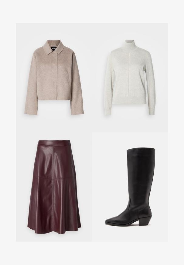 Beskåret uldfrakke i lys beige med krave, lange ærmer og et rent frontdesign. Blød tekstur uden synlige lukninger.; Lys grå sweater med høj krave og kvart lynlås. Lavet af et blødt, struktureret materiale, der har lange ærmer og en tætsiddende kant.; Mørk burgunder knælængde lædernederdel i A-form med synlige lodrette og vandrette syninger.; Sort læderstøvle til midtkalv med spids tå og lavt skråt hæl på en enkel lys baggrund.