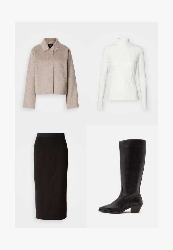 Beskåret uldfrakke i lys beige med krave, lange ærmer og et rent frontdesign. Blød tekstur uden synlige lukninger.; Hvid ribbet turtleneck blouse med lange ærmer, lavet af elastisk stof. Har et tætsiddende design og høj hals for god dækning.; Sort midi-nederdel lavet af elastisk materiale, med en tætsiddende design og et behageligt elastisk taljebånd. Glat tekstur uden mønstre.; Sort læderstøvle til midtkalv med spids tå og lavt skråt hæl på en enkel lys baggrund.