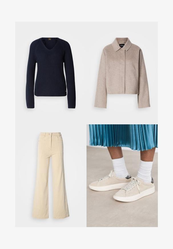 Beskåret uldfrakke i lys beige med krave, lange ærmer og et rent frontdesign. Blød tekstur uden synlige lukninger.; Mørkeblå strikket sweater med V-udskæring, lange raglanærmer og tekstileret stof. Har et lille logo nederst til venstre.; Beige vidde jeans med høj talje, forlommer og kontrasterende syninger, udstyret med en knaplukning og en glat bomuldsstruktur.; Beige ruskindsneakers med en hvid gummisål og snørebåndsdesign. Accentueret med en struktureret sort hælflap. Båret med hvide ribbede sokker.