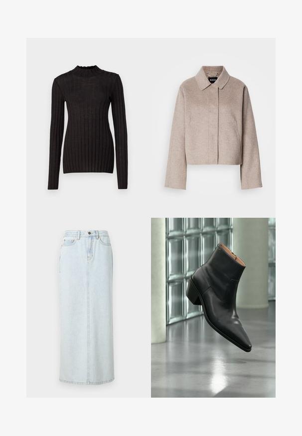 Beskåret uldfrakke i lys beige med krave, lange ærmer og et rent frontdesign. Blød tekstur uden synlige lukninger.; Sort ribbet langærmet sweater med en høj, flæset hals. Stoffet er glat med en tætsiddende silhuet og har vertikale striber.; Lyseblå denim maxi-nederdel med lige design, frontknaplukning og synlige syninger. Har to frontlommer.; Sort læderankelstøvle med spids tå og blokhæl, der svæver over en reflekterende grå gulv nær en væg af glasblokke.