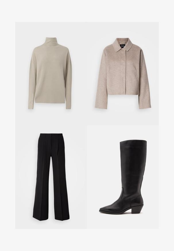 Beskåret uldfrakke i lys beige med krave, lange ærmer og et rent frontdesign. Blød tekstur uden synlige lukninger.; Lys beige turtleneck sweater, lavet af blødt strikmateriale, har en afslappet pasform med lange ærmer og høj krave. Ingen synlige mønstre.; Sorte bukser lavet af glat stof, med høj talje, bred ben silhuet og to frontfolder for ekstra design detaljer.; Sort læderstøvle til midtkalv med spids tå og lavt skråt hæl på en enkel lys baggrund.