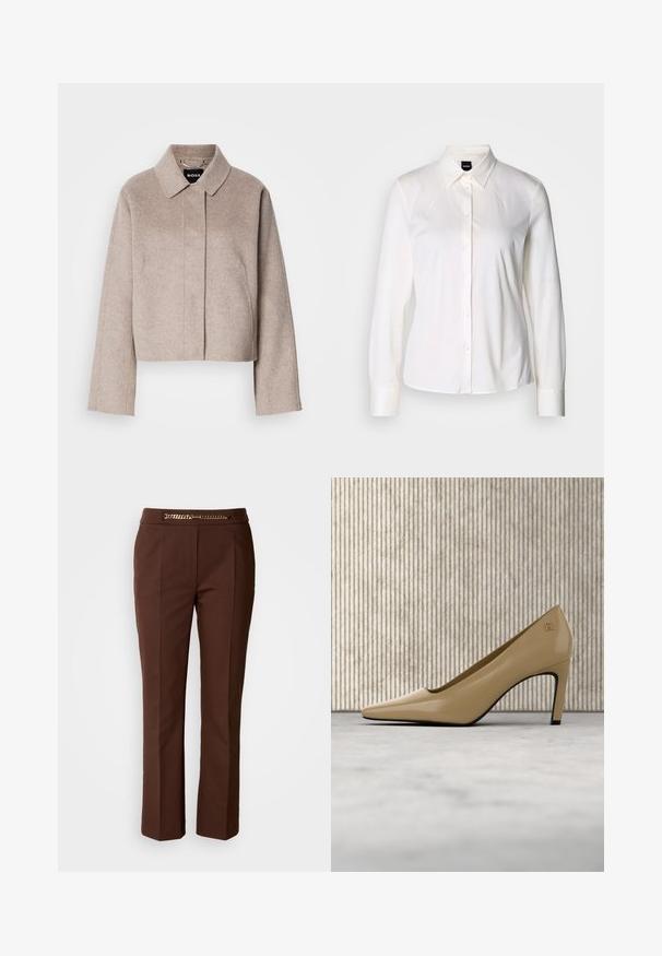 Beskåret uldfrakke i lys beige med krave, lange ærmer og et rent frontdesign. Blød tekstur uden synlige lukninger.; Hvid langærmet skjorte med knapper og klassisk krave lavet af blødt bomuldsstof, med en slim fit og et enkelt design uden mønstre.; Brune skræddersyede bukser med en glat tekstur, der har en guld kædeaccent ved linningen og lige ben-design.; Beige høje hæle med spids tå og lille gyldent emblem, placeret opret på reflekterende overflade nær metal arkivholder.