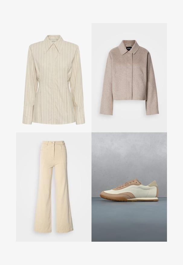 Beskåret uldfrakke i lys beige med krave, lange ærmer og et rent frontdesign. Blød tekstur uden synlige lukninger.; Beige, langærmet bluse med knapper, tynde lodrette striber og spidst krave.; Beige vidde jeans med høj talje, forlommer og kontrasterende syninger, udstyret med en knaplukning og en glat bomuldsstruktur.; Sneaker i creme og beige med tekstureret overdel, snørebånd og gummisål, vist oven på en træoverflade med småsten.