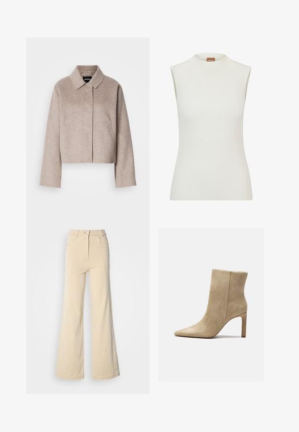 Beskåret uldfrakke i lys beige med krave, lange ærmer og et rent frontdesign. Blød tekstur uden synlige lukninger.; Hvid, ærmeløs top med høj halsudskæring, der har en ribbet tekstur og et tætsiddende design. Brandlabel "BOSS" synlig på kraven.; Beige vidde jeans med høj talje, forlommer og kontrasterende syninger, udstyret med en knaplukning og en glat bomuldsstruktur.; Zign by Zalando Højhælede støvletter - beige