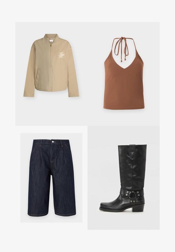 Beige Bomberjacke mit Reißverschluss, geripptem Kragen, seitlichen Taschen und weiß besticktem "TH"-Logo auf der linken Brust.; Braunes Neckholder-Top mit gebundenen Trägern und kleinen goldenen dekorativen Perlen auf einfachem hellem Hintergrund.; Dunkelblaue lange Jeans-Shorts mit vorderen Falten, Seitentaschen, Gürtelschlaufen und einem Metallknopfverschluss in der Taille.; Schwarze kniehohe Stiefel aus Leder mit runder Zehe, einem Riemen mit silberner Hardware und einem niedrigen, gestapelten Absatz. "REPLAY MFG. CO" ist an der Seite eingraviert.