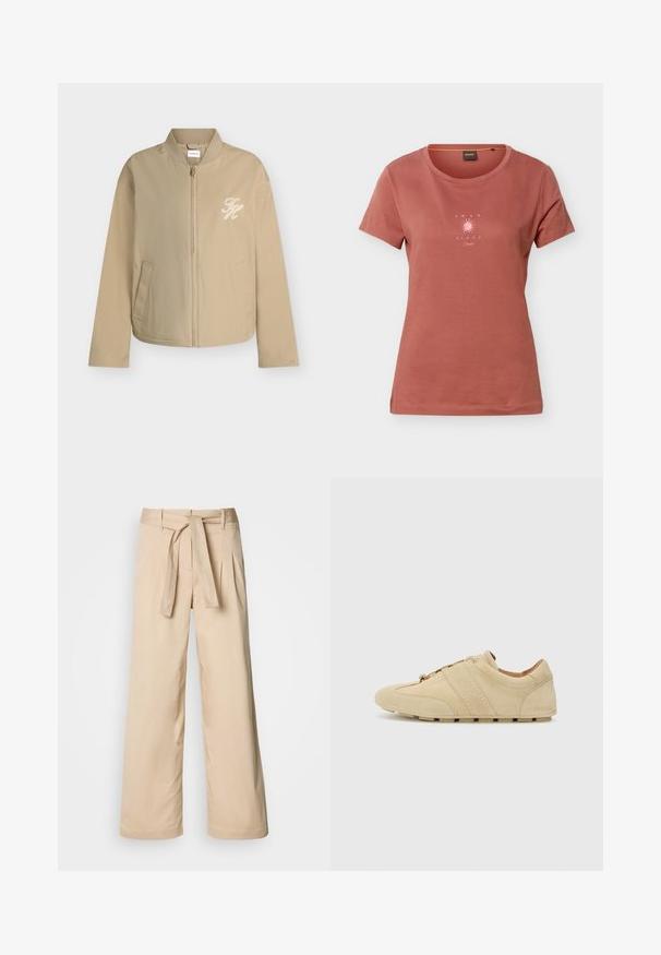 Veste bomber beige zippée avec col côtelé, poches latérales et logo brodé blanc "TH" sur la poitrine gauche.; T-shirt à manches courtes couleur rouille avec un col rond et un petit graphisme de soleil rose avec le texte "AMAR EL SOL" sur la poitrine.; Pantalons larges beiges avec une taille haute ceinturée, présentant des plis à l'avant et une texture lisse. Pas de poches ni de motifs visibles.; Baskets en suède tan au design minimaliste, bout rond et semelle en caoutchouc. Présente deux bandes verticales et un laçage. Texture lisse.