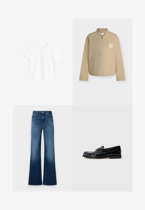 Veste bomber beige zippée avec col côtelé, poches latérales et logo brodé blanc "TH" sur la poitrine gauche.; T-shirt blanc uni à manches courtes et col rond exposé sur un fond blanc, montrant la vue de face et des détails de couture minimaux.; Jean évasé bleu en denim, avec une taille mi-haute, cinq poches, des surpiqûres contrastantes et une finition légèrement délavée.; Mocassins en cuir noir avec un bout arrondi, des coutures décoratives et un petit accent doré sur le dessus. Semelle en caoutchouc plate, design épuré.