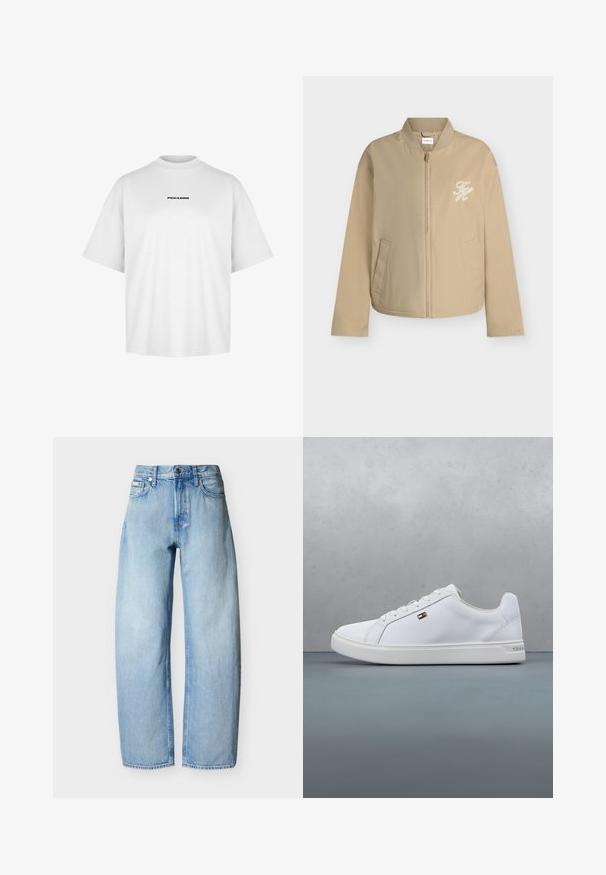 Beige Bomberjacke mit Reißverschluss, geripptem Kragen, seitlichen Taschen und weiß besticktem "TH"-Logo auf der linken Brust.; Weißes Baumwoll-T-Shirt mit hohem Rundhalsausschnitt und kurzen Ärmeln. Auf der Brust ist "PEGADOR" in Schwarz mittig gedruckt.; Hellblaue gerade geschnittene Jeans aus Denim mit fünf Taschen, Gürtelschlaufen und einem vorderen Knopfverschluss.; Weiße Sneakers aus glattem synthetischen Material, mit einer abgerundeten Spitze, flacher Sohle und einem minimalistischen Design mit einem kleinen Logo-Akzent.