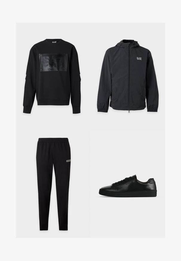 Veste noire à capuche avec fermeture éclair devant, poignets élastiques, poches latérales et logo blanc EA7 Emporio Armani sur la poitrine gauche.; Sweat-shirt noir à manches longues avec un patch rectangulaire brillant embossé « EA7 Emporio Armani » au centre devant.; Pantalon de survêtement slim noir avec taille élastique et petit logo sur le haut de la cuisse sur fond uni.; Basket basse en cuir noir avec lacets noirs et semelle épaisse noire, vue de profil sur fond gris clair.
