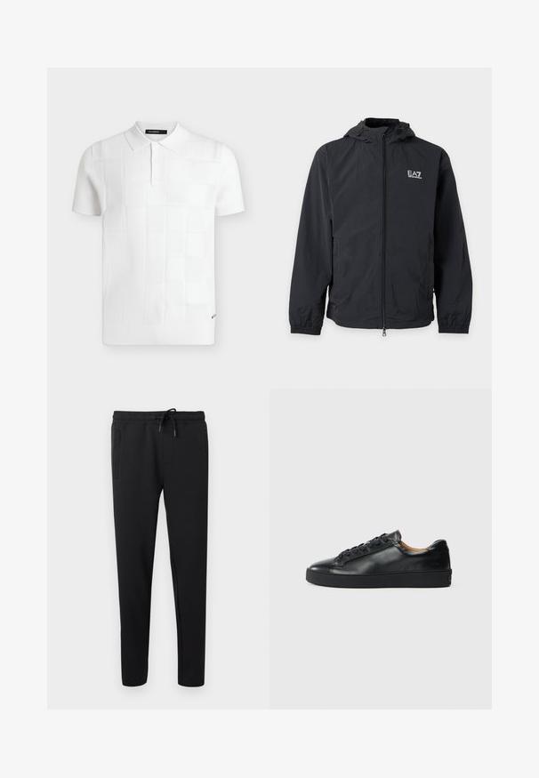 Veste noire à capuche avec fermeture éclair devant, poignets élastiques, poches latérales et logo blanc EA7 Emporio Armani sur la poitrine gauche.; Polo blanc à manches courtes avec motif carré texturé, patte de boutonnage, col classique et petite étiquette de marque sur le bas.; Pantalon de jogging noir à coupe slim avec taille élastique, cordon de serrage et poches latérales, présenté sur un fond clair uni.; Baskets en cuir noir avec une texture lisse, bout rond et fermeture à lacets. Comprend une semelle en caoutchouc épaisse et un minimum de détails de marque.