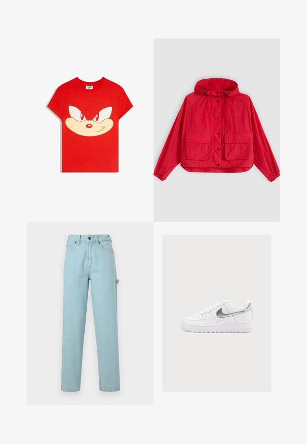 Veste légère rouge à capuche avec boutons-pression frontaux, deux grandes poches à rabat et poignets élastiques.; T-shirt rouge à manches courtes arborant un grand visage stylisé de Sonic le Hérisson avec des yeux déterminés et une bouche souriante sur le devant.; Jean en denim bleu clair avec une coupe droite, un design à cinq poches et une taille munie d'un passants pour ceinture. Tissu légèrement texturé.; Baskets basses blanches avec le swoosh Nike argenté et l'avant perforé, présentées sur un fond gris clair uni.