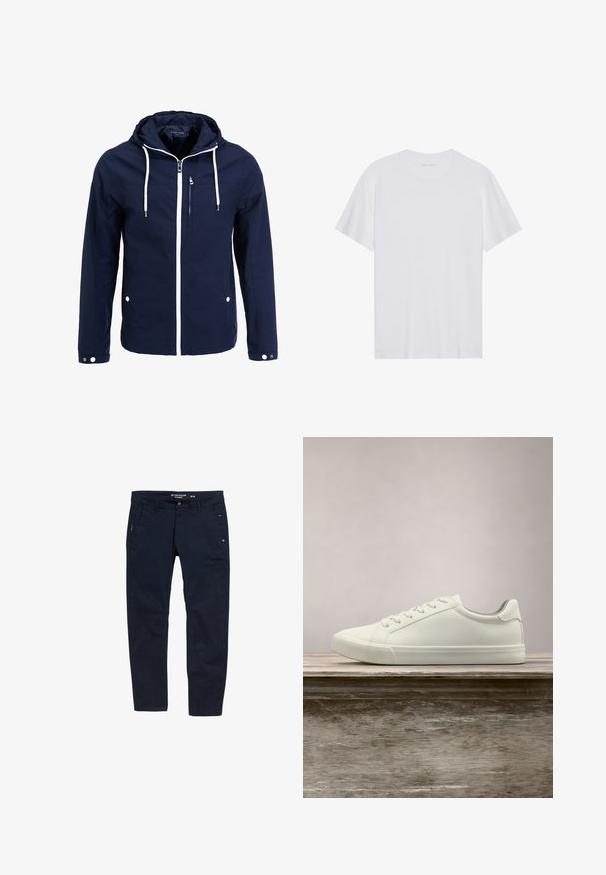 Marineblå vandtæt jakke med hætte, hvide lynlåse og snørehuller. Har en frontlomme med lynlås og to sidelommer med trykknapper. Glat tekstur.; Hvid bomulds T-shirt med korte ærmer, rund hals og en glat tekstur. Har minimal branding på halsudskæringen.; Mørkeblå bukser lavet af bomuld med lige snit. Har to sidelommer og knaplukning. Minimalistisk design med subtile detaljer.; Hvide snørresneakers svævende over en træbænk med grønne planter i baggrunden, der fremhæver skodesign og tekstur.