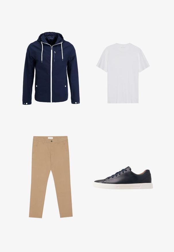 Veste imperméable navy avec capuche, zips blancs et cordons de serrage. Comprend une poche frontale zippée et deux poches latérales à pression. Texture lisse.; T-shirt en coton blanc à manches courtes, col rond et texture lisse. Présente un branding minimal au niveau du col.; Chinos kaki en coton mélangé, dotés d'un devant plat, de deux poches latérales et d'une poche arrière unique. Tissu léger avec une texture lisse.; Baskets en cuir bleu marine avec une finition lisse, semelle en caoutchouc blanc plat, bout arrondi et six lacets bleu marine passés à travers des œillets ronds.