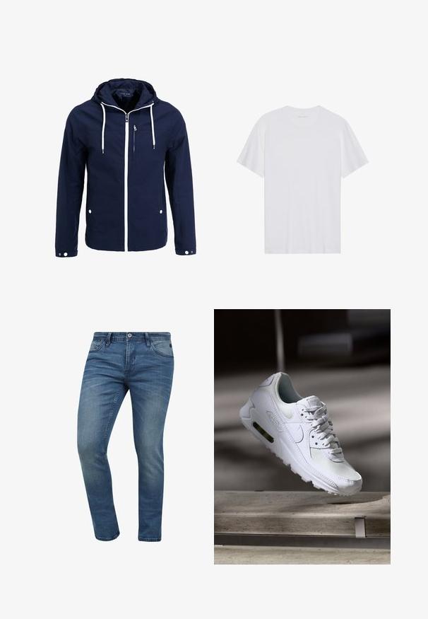 Marineblå vandtæt jakke med hætte, hvide lynlåse og snørehuller. Har en frontlomme med lynlås og to sidelommer med trykknapper. Glat tekstur.; Hvid bomulds T-shirt med korte ærmer, rund hals og en glat tekstur. Har minimal branding på halsudskæringen.; Tætsiddende blå denim jeans med en falmet vask, fem lomme-design og lukning med metalknap. Stoffet har en let tekstur og syninger.; Hvide Nike Air Max 90 sneakers med en overdel i mesh og læder, perforeret tåboks og en synlig luftenhed i hælen.