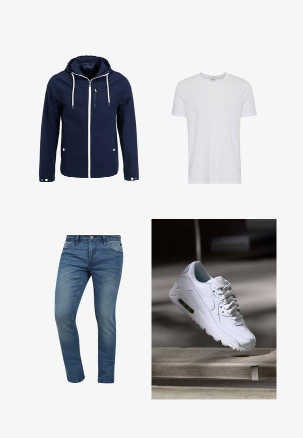 Marineblauwe waterdichte jas met capuchon, witte ritsen en trekkoorden. Voorzien van een voorzak met rits en twee zijzakken met drukknopen. Glad textuur.; Effen wit T-shirt met korte mouwen en een ronde hals, getoond op een witte achtergrond, met een klein neklabel waarop het merk “Solid” staat.; Slim-fit blauwe denim jeans met een vervaagde was, vijf zakken ontwerp en een metalen knoopsluiting. De stof heeft een lichte textuur en stikdetails.; Witte leren sneaker met gestructureerde oppervlakken, gevoerde kraag en zichtbare luchtbescherming in de zool. Heeft veters en een minimalistisch ontwerp.