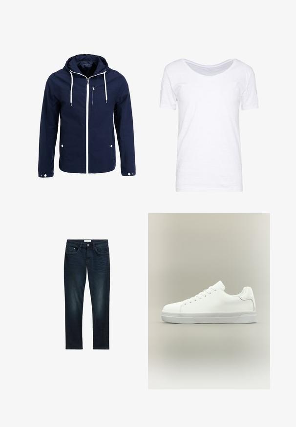 Marineblauwe waterdichte jas met capuchon, witte ritsen en trekkoorden. Voorzien van een voorzak met rits en twee zijzakken met drukknopen. Glad textuur.; Witte korte mouwen t-shirt, ronde halslijn, zachte textuur, ontspannen pasvorm, gemaakt van lichtgewicht stof met een lichte rek. Geen patronen of accenten.; Donkerblauwe spijkerbroek met een slim fit, met vijf zakken, een knoopsluiting en subtiele vervaging aan de voorkant voor textuur.; Witte lage sneaker met veters aan de voorkant, gevoerde kraag en gerubberde zool met textuur, zijaanzicht op een neutrale achtergrond.