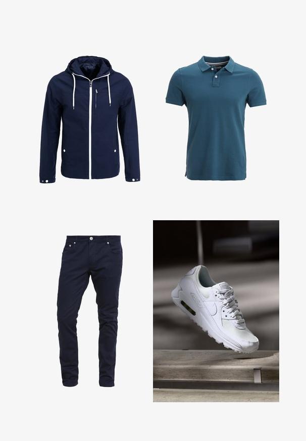 Veste imperméable navy avec capuche, zips blancs et cordons de serrage. Comprend une poche frontale zippée et deux poches latérales à pression. Texture lisse.; Polo en teal avec un col classique, patte de boutonnage à trois boutons, manches courtes et fentes sur les côtés à l'ourlet pour plus de confort et de liberté de mouvement.; Pantalons slim-fit bleu marine en tissu mélangé coton, dotés d'une fermeture à bouton, de cinq poches et de détails de couture subtils.; Sneaker Nike Air Max 90 blanche avec une tige en mesh et cuir, une boîte à orteils perforée et une unité air visible au talon.