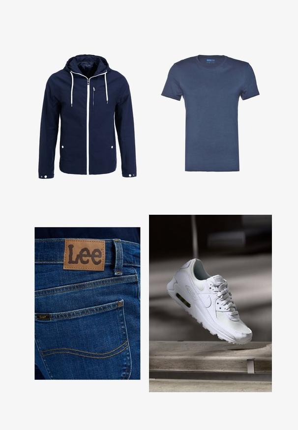 Veste imperméable navy avec capuche, zips blancs et cordons de serrage. Comprend une poche frontale zippée et deux poches latérales à pression. Texture lisse.; T-shirt en coton bleu marine avec un col rond, des manches courtes et une texture lisse et unie. Aucun motif ni détail matériel visible.; Vue arrière d'un jean en denim bleu avec un patch en cuir beige et une petite étiquette en tissu, affichant toutes deux le nom de la marque Lee au-dessus de la poche arrière.; Sneaker Nike Air Max 90 blanche avec une tige en mesh et cuir, une boîte à orteils perforée et une unité air visible au talon.