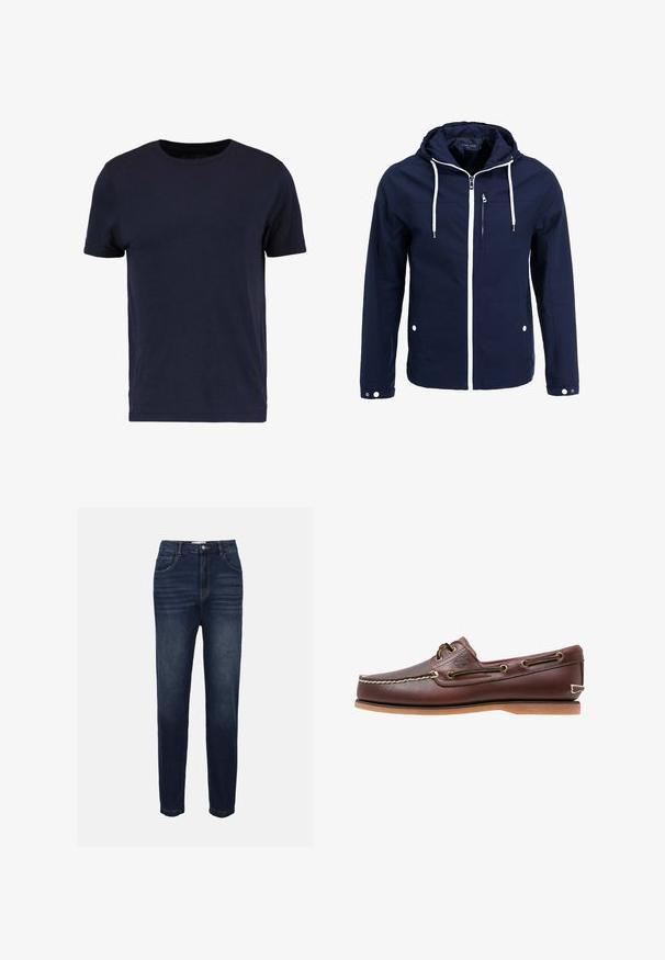 Marineblå vandtæt jakke med hætte, hvide lynlåse og snørehuller. Har en frontlomme med lynlås og to sidelommer med trykknapper. Glat tekstur.; Pier One T-shirts basic - dark blue; Mørkeblå denim jeans med lige ben, der har forlommer og subtile horisontale sydetaljer. Klassisk fem-lomme design.; Brun læder bådsko med hvide sømme, snøre detaljer og lysbrun gummisål, vist fra siden på hvid baggrund.