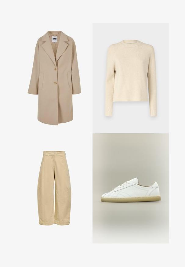 Manteau en mélange de laine beige avec un col à revers, deux boutons, poches latérales et coupe loose. Présente une finition lisse et texturée.; Pull en tricot côtelé couleur crème avec un col rond, des manches longues et une coupe droite. Texture douce avec des variations tonales subtiles.; Pantalon beige à jambes larges avec taille haute et bretelles ajustables boutonnées à l'ourlet sur fond blanc.; Baskets basses en cuir blanc avec semelle beige, lacets et motifs cousus subtils sur fond neutre.