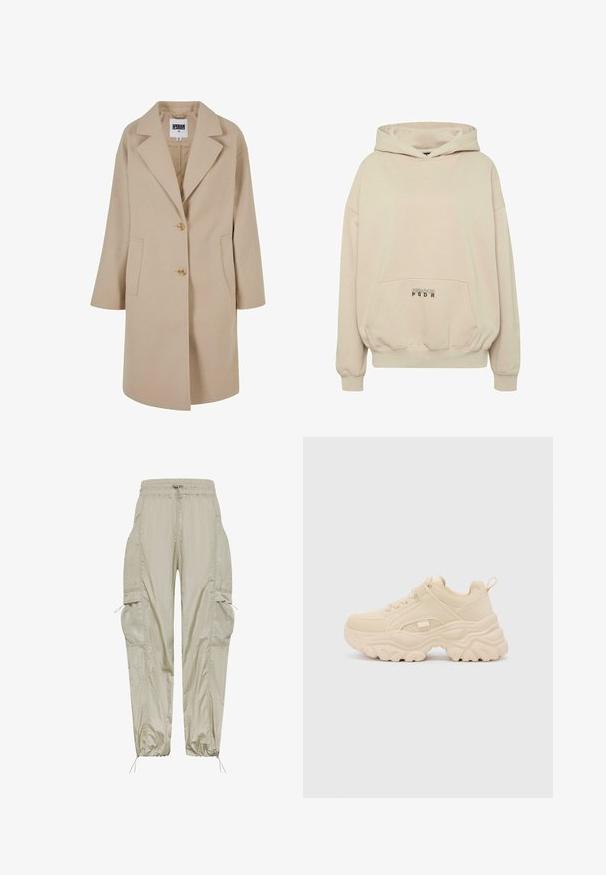Beige Wollmischungsjacke mit Reverskragen, zwei Knöpfen, Seitentaschen und lockerer Passform. Verfügt über eine glatte, strukturierte Oberfläche.; Beiger Hoodie mit Fronttasche, gerippten Bündchen und Kordelzugkapuze. "PECADOR PGDR" Schriftzug auf dem Taschenbereich.; Leichte beige Cargohosen mit elastischem Bund, Kordelzugverschluss, Mesh-Taschendetails und gerafften Bündchen für verstellbare Passform.; Buffalo GALACTICA - Sneaker low - cream