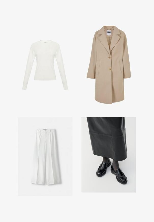 Manteau en mélange de laine beige avec un col à revers, deux boutons, poches latérales et coupe loose. Présente une finition lisse et texturée.; Pull blanc à manches longues avec une texture côtelée, un col rond et un design ajusté. Présente des détails de couture subtils sur le corps.; Pantalons amples blancs avec une taille haute, un pli central et une fermeture à bouton classique. Fabriqués dans un tissu lisse avec un design ajusté.; Mocassins en cuir noir avec une finition lisse, ornés d'une bande décorative, à bout rond et avec une semelle texturée. Portés avec une longue jupe en cuir noir.