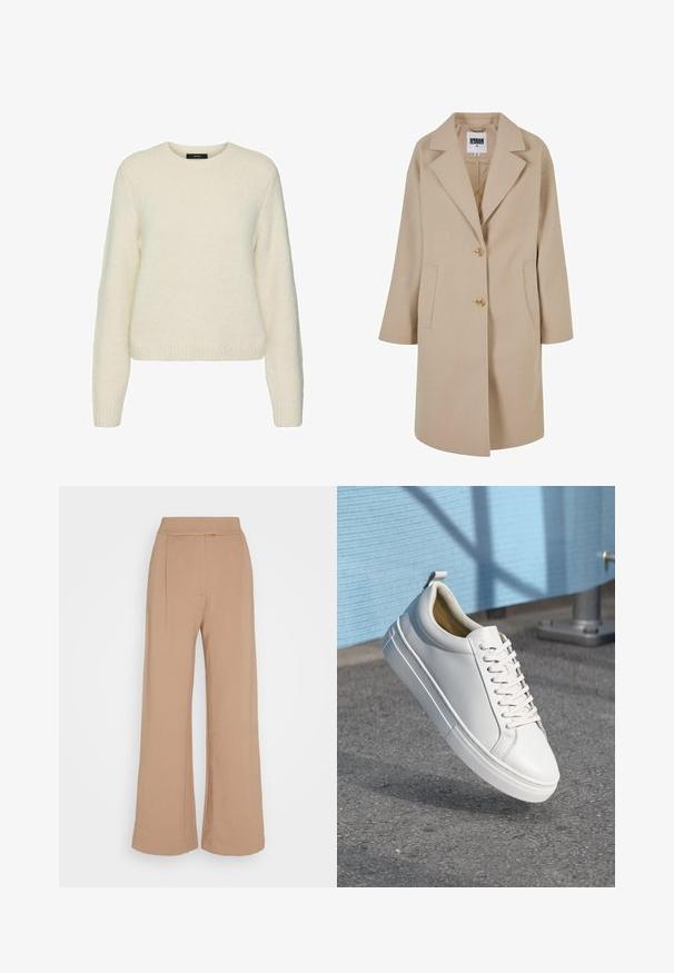 Beige uldblandingsfrakke med glat krave, to knapper, sidelommer og en løs pasform. Har en glat, struktureret overflade.; Hvid strikket sweater med rund halsudskæring, lange ærmer og ribbede manchetter og kant. Blød tekstur og afslappet pasform.; Anna Field Bukser - brown; Hvide lædersneakers med flade snørebånd, rund tå, gummisål og en lille løkke ved hælen. Glat tekstur med minimale designdetaljer.