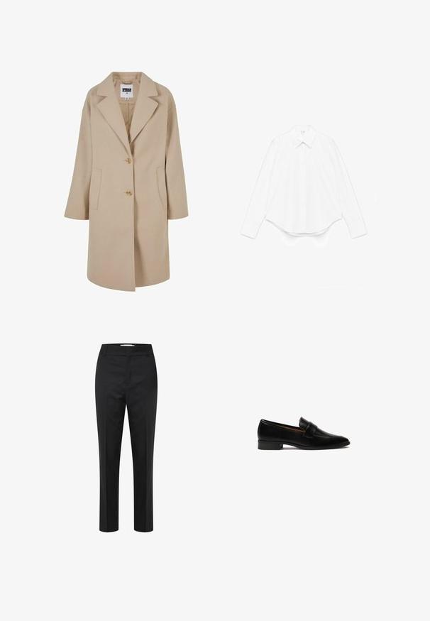 Abrigo de mezcla de lana beige con cuello de muesca, dos botones, bolsillos laterales y un corte holgado. Presenta un acabado suave y texturizado.; Camisa blanca de manga larga hecha de algodón, con cuello puntiagudo, cierre frontal de botones y dobladillo redondeado con puños anchos.; Pantalones negros de corte recto, confeccionados en tela suave. Presentan una cremallera, bolsillos laterales y sin patrones ni adornos visibles.; Mocasines de cuero negro con un tacón plano, que presentan una correa rectangular en el empeine y una superficie lisa y pulida.