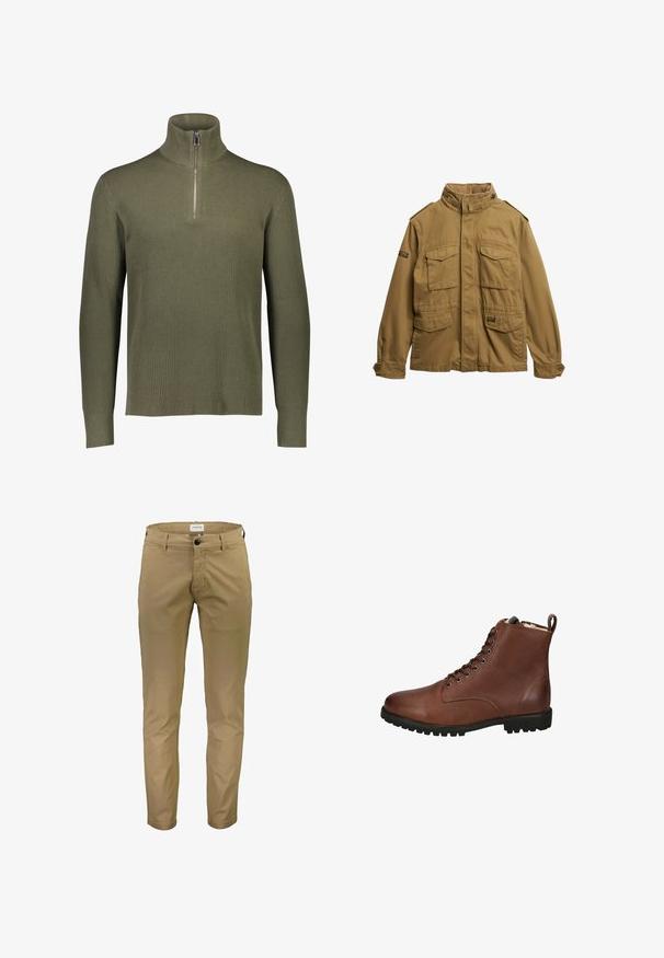 Chaqueta militar de color marrón claro hecha de algodón. Presenta un cuello alto, múltiples bolsillos frontales y detalles de botones en las mangas.; Suéter de punto acanalado verde oliva con cuello alto y cierre de cremallera de cuarto. Presenta mangas largas y un acabado texturizado.; Lindbergh SUPERFLEX CHINO PANTS - Pantalones chinos - deep sand; Botas de tobillo de cuero marrón con un acabado texturizado, parte delantera con cordones, punta redondeada y suela de goma gruesa. Incluye un tirador en la parte trasera.