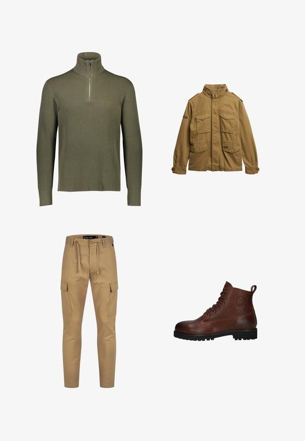 Chaqueta militar de color marrón claro hecha de algodón. Presenta un cuello alto, múltiples bolsillos frontales y detalles de botones en las mangas.; Suéter de punto acanalado verde oliva con cuello alto y cierre de cremallera de cuarto. Presenta mangas largas y un acabado texturizado.; Pantalones cargo color caqui con cintura ajustable, ajuste tapered y bolsillos laterales; fabricados con una tela ligera y texturizada.; Botín de cuero marrón hasta el tobillo con una superficie texturizada, seis ojetes, una suela de goma negra y un lazo para fácil colocación.