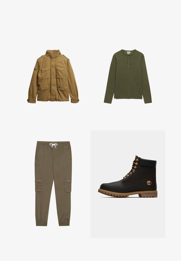 Chaqueta militar de color marrón claro hecha de algodón. Presenta un cuello alto, múltiples bolsillos frontales y detalles de botones en las mangas.; Camisa henley de manga larga en verde oliva con cuatro botones negros y cuello redondo, mostrada sobre un fondo blanco.; Pantalones cargo caqui con cintura elástica y cordón, que cuentan con bolsillos laterales y tobillos ajustados. Fabricados en un material ligero y texturizado.; Bota de cuero negro de tobillo con ojales dorados, acentos marrones y suela de goma. Presenta un cuello acolchado y un logotipo en relieve en el costado.